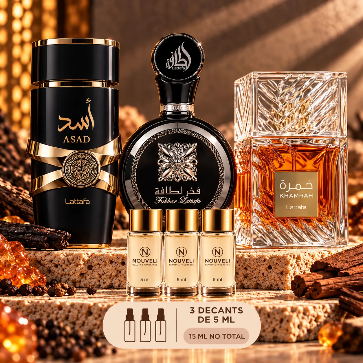 Combo Trio de Presença – Asad, Fakhar Black e Khamrah | 3 Decants de 5ml