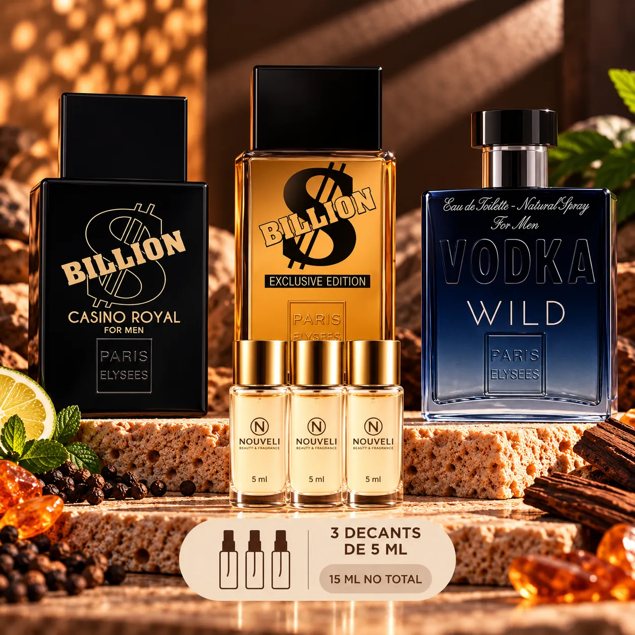 Combo Essenciais Masculinos – Casino Royal, Billion Exclusive e Vodka Wild | 3 Decants de 5ml